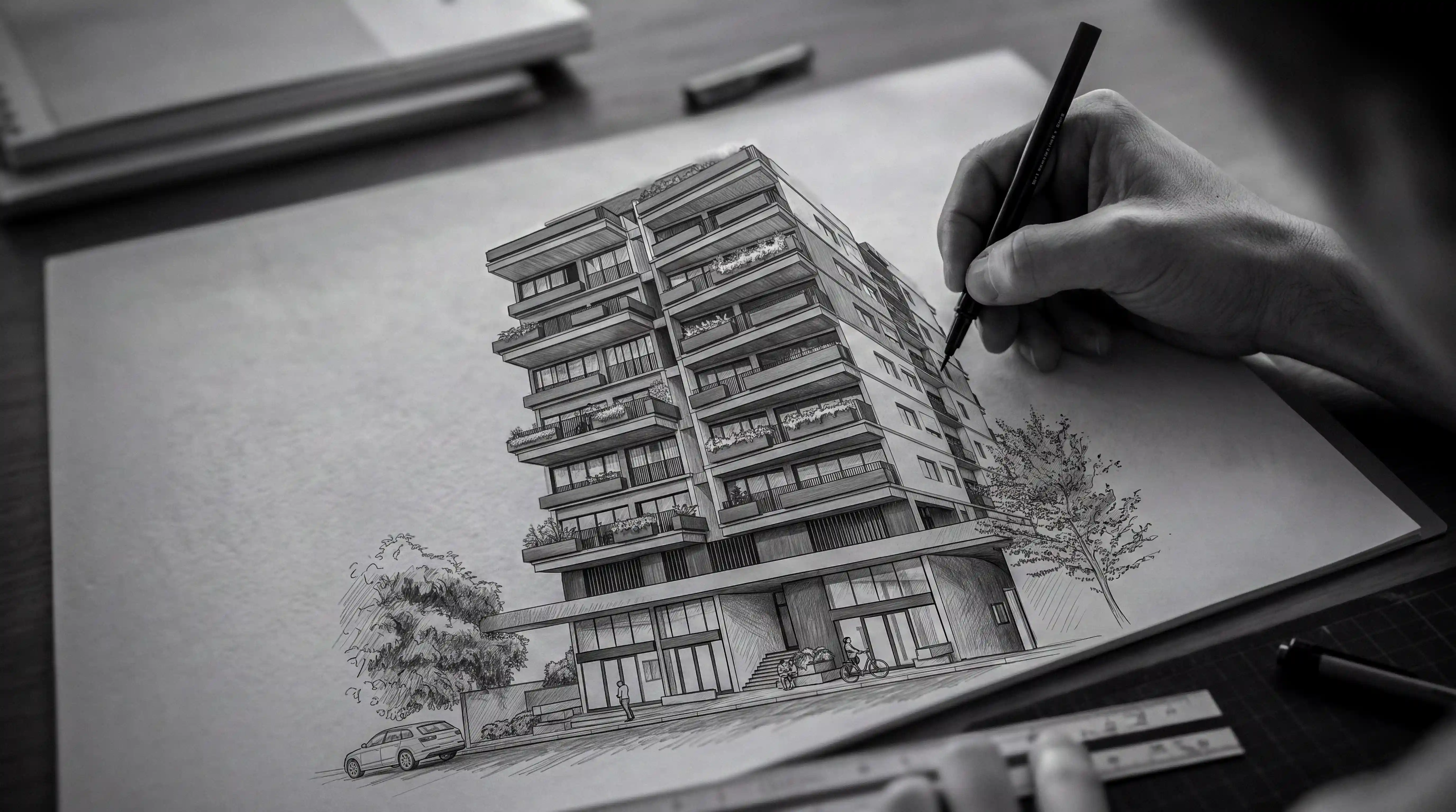 Desenho arquitetônico do Edifício Catamarã sendo esboçado à mão