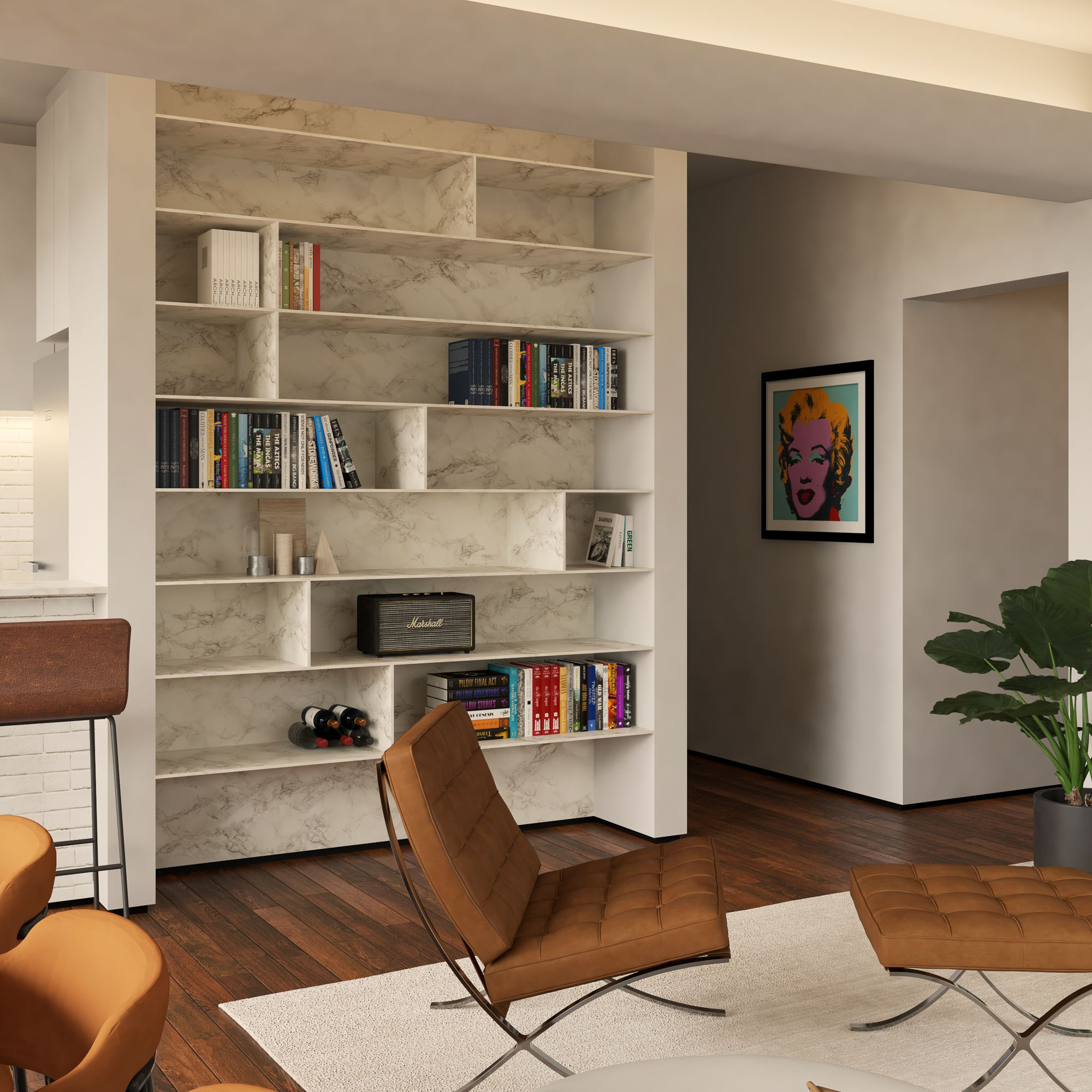 Sala de estar com estante de mármore e poltronas de couro