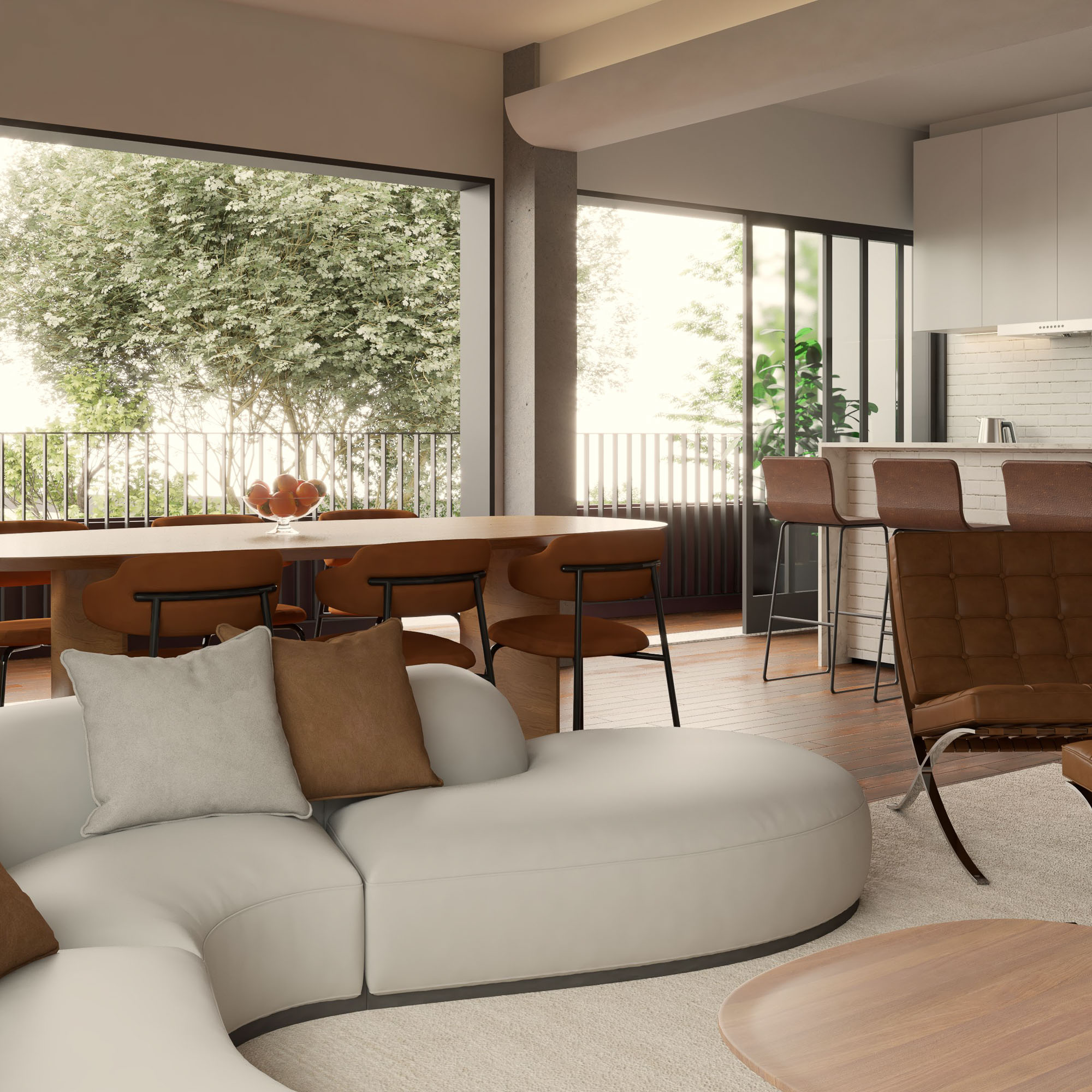 Sala de estar e cozinha integradas do apartamento decorado