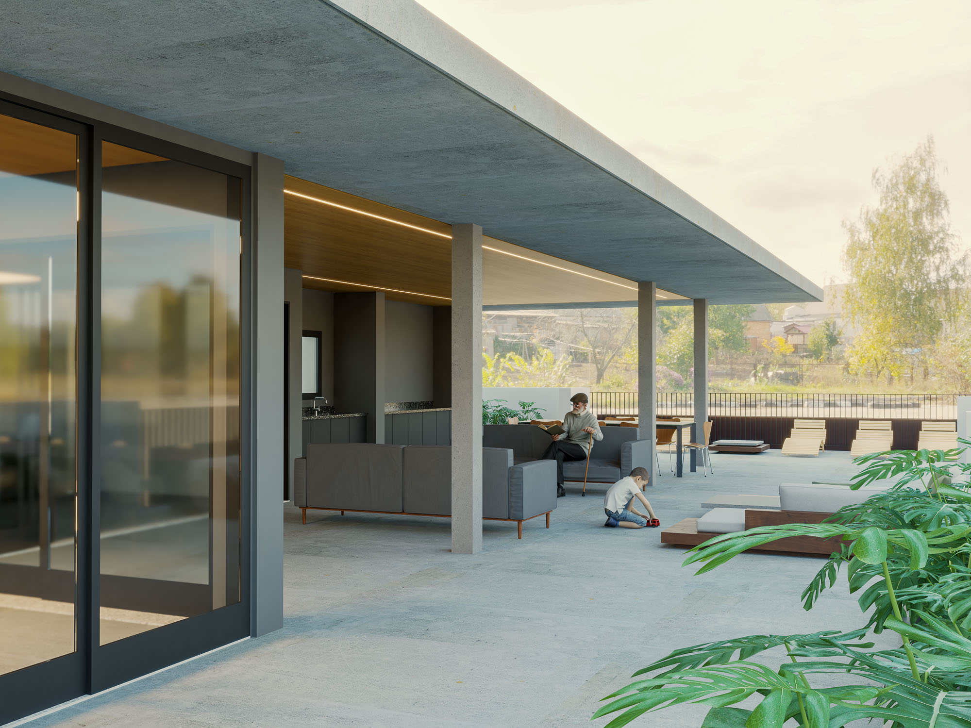 Rooftop com área de estar e vista para a cidade