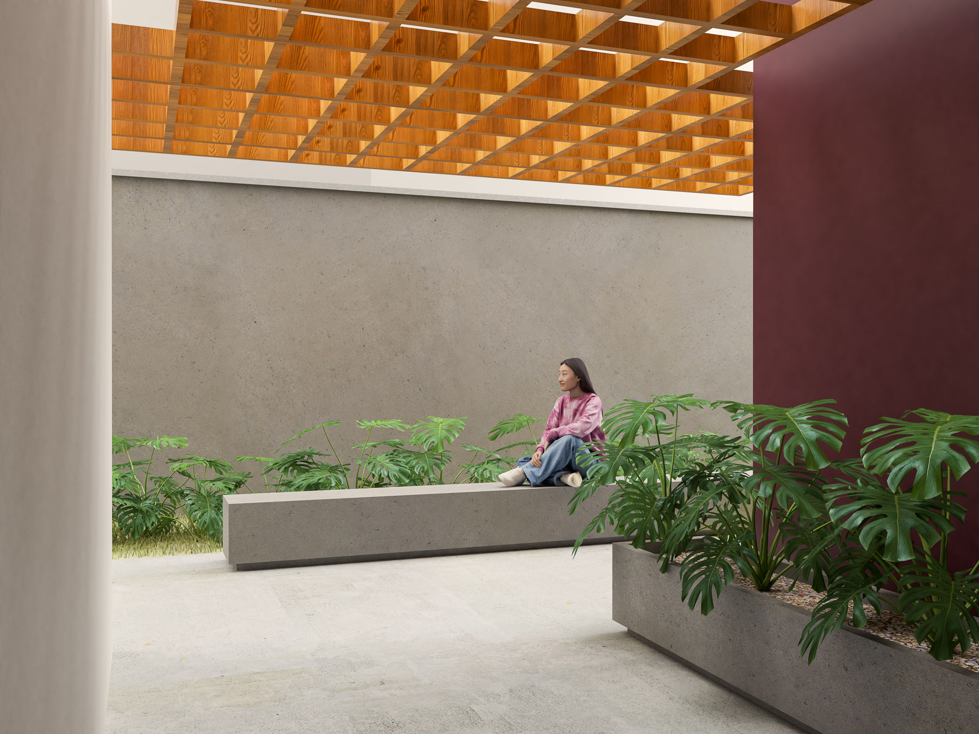 Área de convivência do hall com bancos de concreto e plantas